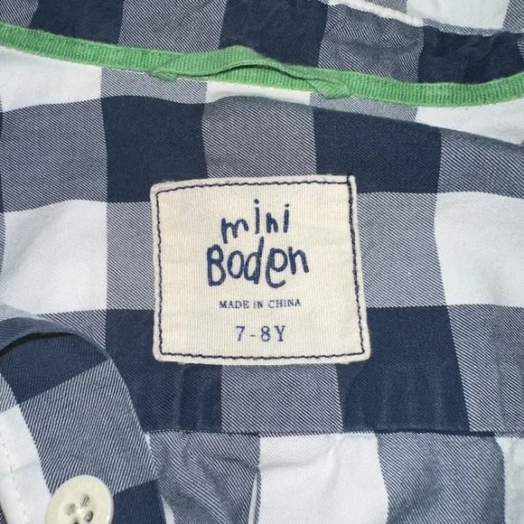 Boys Mini Boden Button Down‎ Plaid Shirt Blue/White Size 7-8 Youth - Picture 3 of 5